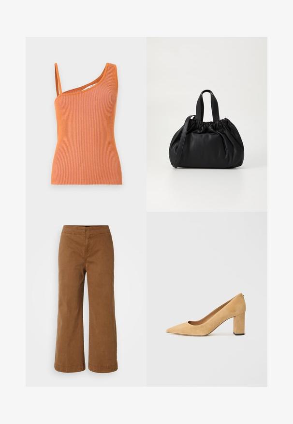 Oranžový rebrovaný top bez rukávov s jedným ramenným pásom, ktorý má priliehavý strih a textúrovanú látku.; Hnedé široké nohavice vyrobené z mäkkého materiálu s hladkou textúrou, s vysokým pásom a prešitými detailmi.; Béžové semišové lodičky na vysokom podpätku s špicatou špičkou a robustným blokovým podpätkom. Materiál má jemnú textúru s hladkým povrchom.; Čierna kožená kabelka so zberaným vrchom, s dvoma krátkymi držadlami a dlhým nastaviteľným popruhom. Hladká textura, zaoblený tvar.