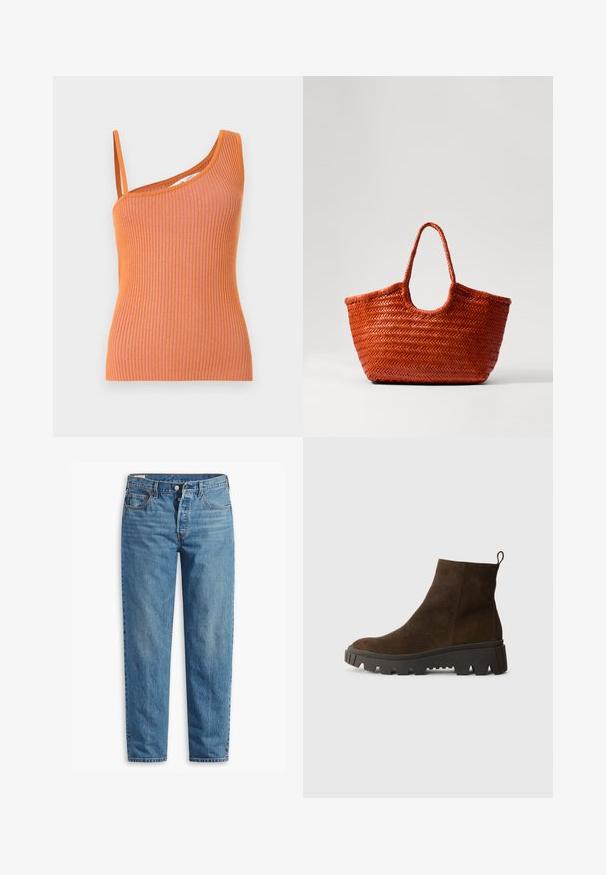 Orange stribet tanktop med en enkelt skulderstrop, der har en tætsiddende silhuet og struktureret stof.; Blå denimjeans med lige ben, der har lynlås i gylpen, to forlommer og subtil falming over stoffet.; Brun ruskindsankelstøvle med en kraftig sort gummisål, der har en let hæl og en slip-in hækling for nem påklædning.; DRAGON DIFFUSION NANTUCKET BASKET BIG - Håndtasker - naranja