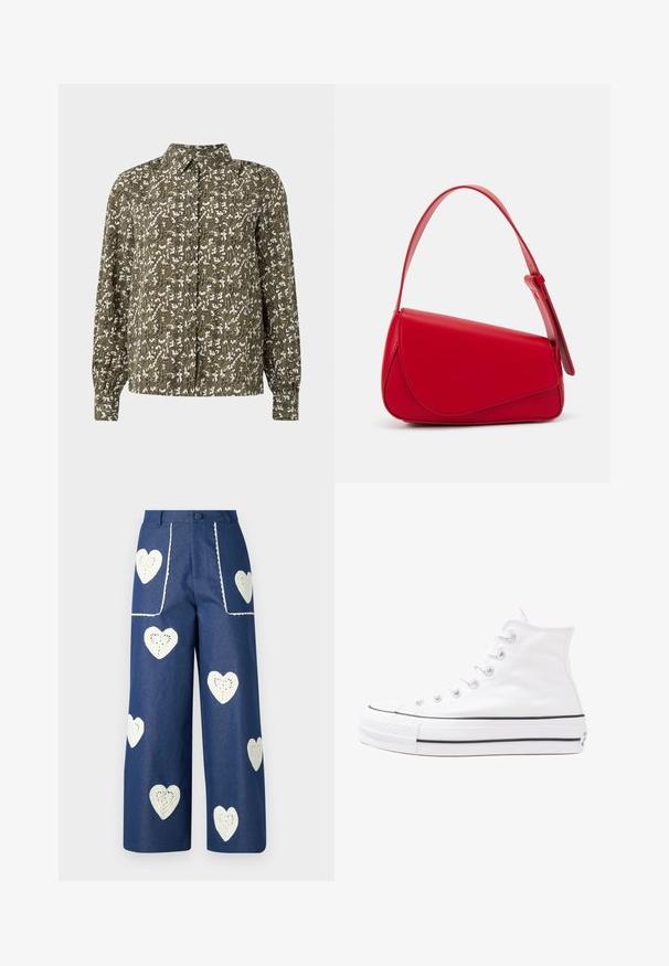 Grønn mønstrete skjorte med lange ermer, som har et blomstermønster i hvitt og subtile detaljer i stoffstrukturen.; Sister Jane HEART TO HEART - Jeans straight leg - blue denim; Hvit høy-skinn kanvas sneakers med svart gummisåle, gummitåhette foran og seks hull for snorer, med et rent, minimalistisk design.; Rød lærveske med en vinklet, geometrisk design. Har en enkelt justerbar stropp og en klaffelukking med sydd detaljer.