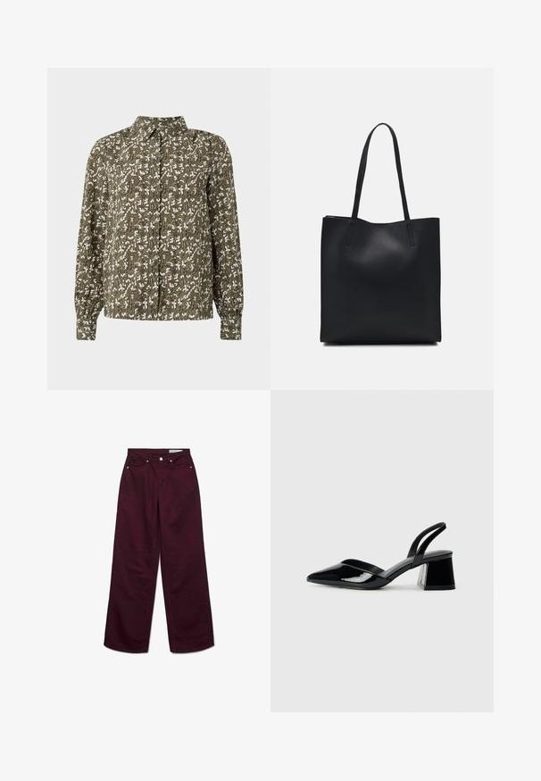 Grønne mønstrede skjorte med lange ærmer, der har et blomstermønster i hvid og subtile detaljer i stofstrukturen.; Burgundy vide ben jeans fremstillet af bomuld, med høj talje, fem lommer og metal hardware. Glat tekstur med en ensfarvet farve.; Sorte patentlæder slingback hæle med spids tå og en geometrisk blok hæl. Har et elegant, minimalistisk design og en glat tekstur.; Sort læder tote taske med glat tekstur, rektangulær form og to lange hanke. Ingen synlig hardware eller udsmykninger.