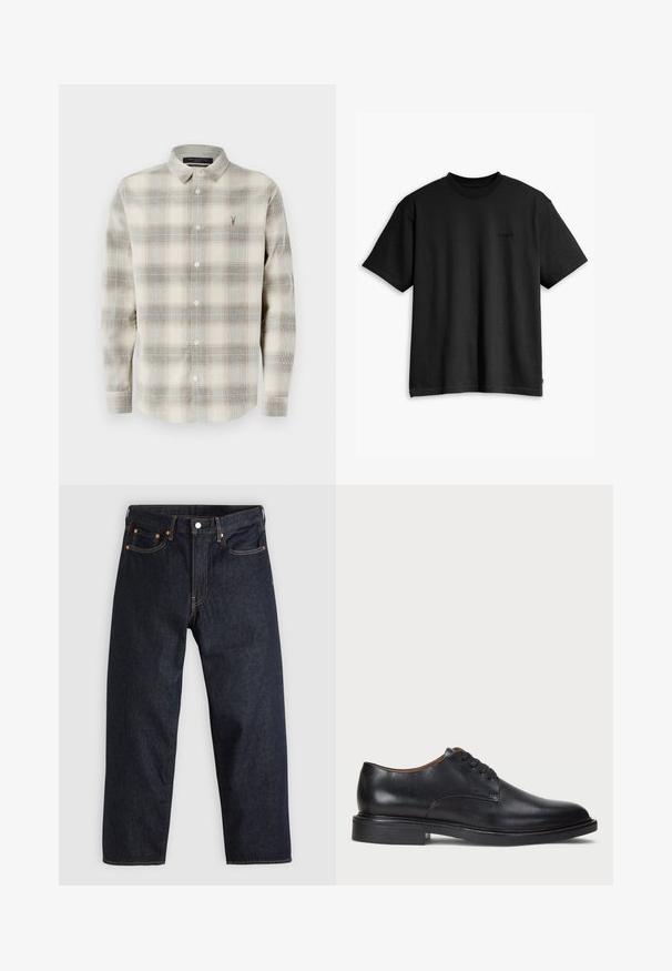 Camicia con maniche lunghe e bottoni, con un motivo a quadri beige e grigio, colletto a punta e piccolo logo ricamato sul lato sinistro del petto.; T-shirt nera in cotone con collo rotondo e maniche corte. Presenta un logo frontale sottile e un orlo dritto. Design semplice e minimalista.; Jeans in denim blu scuro con taglio dritto, cinque tasche, cuciture arancioni a contrasto e chiusura con bottone. Nessun motivo o decorazione visibile.; Scarpa da uomo in pelle nera con punta rotonda, design con lacci e tacco basso impilato. Texture liscia con dettagli di cucitura minimi.