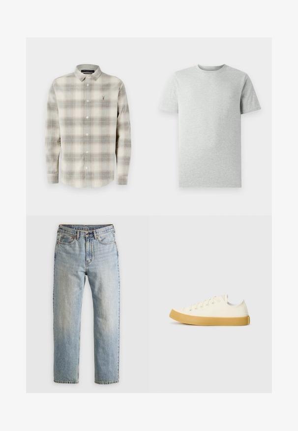 Pikkade varrukatega nuppli särk, millel on beež ja hall ruuduline muster, terav krae ning väike broderiini logo vasakul rindkeres.; Ühtlane heledahall lühikeste varrukatega ümmarguse kaelusega T-särk, esiplaanil, valge tausta ees, ilma nähtavate logode või kujunditeta.; Heledad hele sinine teksapükste kõrge vöökoht, ees nupuga, lukuga ja viie taskuga disain, asetatud tasasele neutraalsele taustale.; Kangasneakerid kreemjas valges, ümmarguse varbaga, beeži kummitaldaga ja viie silmaga paelte jaoks, tekstuurse viimistlusega ülaserv.