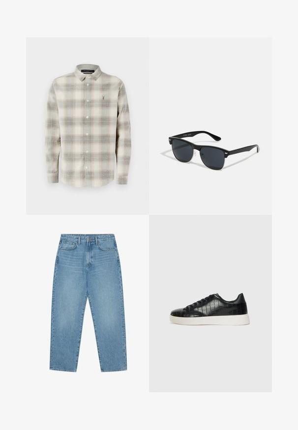 Košeľa na gombíky s dlhým rukávom s béžovým a šedým károvaným vzorom, špicatým golierom a malým vyšívaným logom na ľavej hrudi.; Svetlo modré džíny s širokými nohavicami a vysokým pásom, s piatimi vreckami, pútkami na opasok a jemnou, mierne vyblednutou štruktúrou.; Čierne tenisky s textúrovaným kroko-embosovaným koženým zvrškom, zaoblenou špičkou a kontrastnou bielou gumovou podrážkou s hladkým povrchom.; Čierne slnečné okuliare s obdĺžnikovým tvarom, tmavými sklami, striebornými akcentmi na bočných okrajoch a matným povrchom rámu.