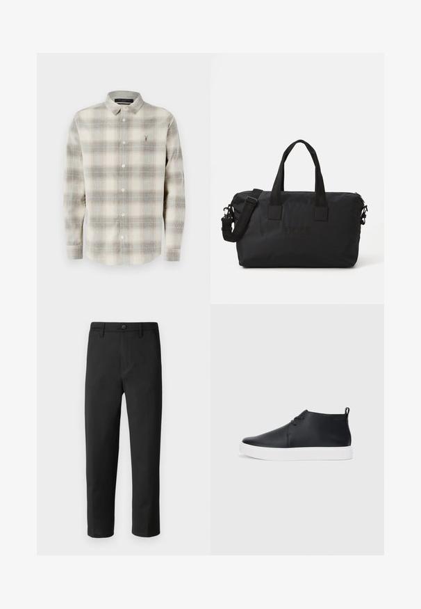 Polo s dolgimi rokavi, z gumbom, v bež in sivi karo vzorcu, z ostrim ovratnikom in majhnim vezenim logotipom na levem prsnem predelu.; Črne hlače s ravnim krojem, izdelane iz gladkega materiala. Imajo gumbe za zapiranje in zanke za pas. Brez vidnih vzorcev ali dodatkov.; Črne usnjene visoke superge s gladko površino, bela gumijasta podloga in preprosta zasnova vezalk. Imajo držalo na hrbtni strani.; Črn najlonov športni nahrbtnik z dvema zgornjima ročajema in odstranljivim ramenskim trakom. Ima embosirano logo in gladko teksturo z zadrgo.