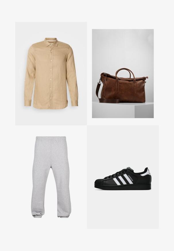 Svetlo béžová košeľa s dlhým rukávom z ľanového materiálu, s gombíkmi na prednej strane, jemnou textúrou a golierom. Obsahuje detail rukávov s rolovacou záložkou.; Sivé tepláky vyrobené z bavlnenej zmesi, s elastickým pásom, zúženými nohavicami a manžetami. Jednoduchý dizajn bez vzorov.; Čierne tenisky Adidas Superstar s bielymi pruhmi, špičkou v tvare mušle a textom "Superstar" na boku, zobrazené v bočnom profilu na bielom pozadí.; Hnedá kožená cestovná taška so zipsovým uzáverom, dvojitými uchami, nastaviteľným ramenným popruhom a viditeľnými textúrami na povrchu.
