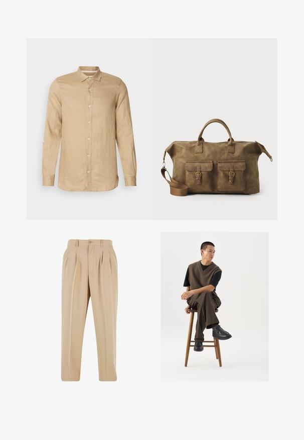 Jasnobeżowa koszula z długim rękawem wykonana z lnu, z zapięciem na guziki z przodu, miękką teksturą i kołnierzykiem. Zawiera szczegół z możliwością podwinięcia rękawów.; Beżowe spodnie plisowane o prostym kroju wykonane z gładkiego materiału, z zapięciem na guzik i szlufkami na pasek w pasie.; Brązowa dziana kamizelka na czarnym t-shircie, połączona z brązowymi spodniami o szerokich nogawkach i czarnymi, masywnymi butami, siedząca na drewnianym stołku.; Brązowa skórzana torba podróżna z dwiema przednimi kieszeniami, regulowanym paskiem na ramię, złotymi elementami i solidnymi uchwytami górnymi. Gładka textura.