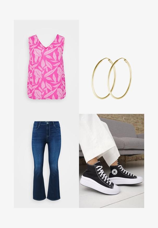 Rozā bezpedala blūze ar V-veida kakla izgriezumu, ar baltu lapu rakstu un brīvu piegriezumu. Izgatavota no gaisīga auduma ar gludu faktūru.; Tumši zilas platās bikses, izgatavotas no denima, ar piecu kabatu dizainu, rāvējslēdzēju ar pogu un kontrastējošu šuvju dūrienu.; Melnas augstās topa kedas ar baltām gumijas zolēm un auklām. Tās ir ar apaļu logotipa uzšuvumu un kontrastējošām baltām šuvēm. Materiāls no kanvas.; Zelta auskari ar gludu, noapaļu dizainu un spīdīgu apdari. Viegls izpildījums ar drošu aizdari.