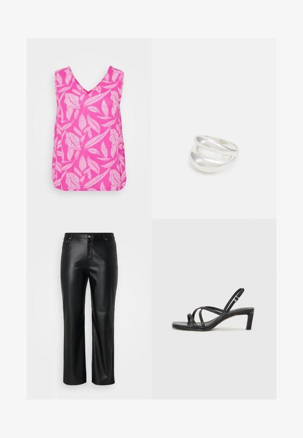 Pink sleeveless top with a V-neck, featuring a white leaf pattern and loose fit. Made from lightweight fabric with a smooth texture.; Black faux leather pants with a straight cut, featuring belt loops, front pockets, and a zip fly with a button closure. Smooth texture.; Black strappy sandal with a square toe and a low block heel. Features multiple thin straps and an adjustable ankle strap. Made of smooth leather.; Silver double-band ring with a smooth, polished surface. Features a fluid, curved design with overlapping sections for a modern look.
