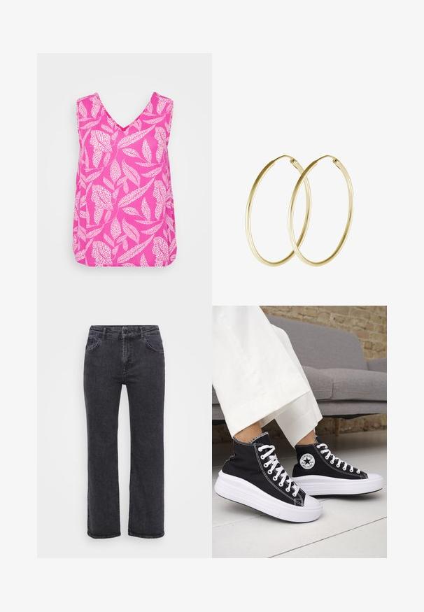 Rozā bezpedala blūze ar V-veida kakla izgriezumu, ar baltu lapu rakstu un brīvu piegriezumu. Izgatavota no gaisīga auduma ar gludu faktūru.; Melnas denim bikses ar taisno kāju dizainu, piecu kabatu un pogas aizdari. Audumam ir nedaudz izbalēta tekstūra un izturīga šuvuma.; Melnas augstās topa kedas ar baltām gumijas zolēm un auklām. Tās ir ar apaļu logotipa uzšuvumu un kontrastējošām baltām šuvēm. Materiāls no kanvas.; Zelta auskari ar gludu, noapaļu dizainu un spīdīgu apdari. Viegls izpildījums ar drošu aizdari.