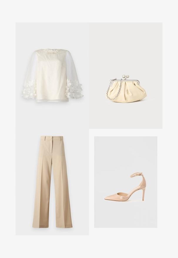 Biała bluzka o gładkiej tkaninie z kropeczkowym wzorem, przezroczyste, bufiaste rękawy ozdobione aplikacjami w kształcie kwiatów oraz okrągły dekolt.; Beżowe spodnie o szerokich nogawkach wykonane z gładkiego materiału, z płaskim przodem i zakładkami, z zapięciem na zamek i pętelkami na pasek. Dopasowany krój.; Nude lakierowane buty na szpilce z odkrytym palcem i paskiem wokół kostki, charakteryzujące się gładką fakturą i minimalistycznym designem.; Złożona beżowa skórzana kopertówka z srebrną metalową ramą, z dwoma okrągłymi dekoracyjnymi zapięciami i srebrnym łańcuszkiem.