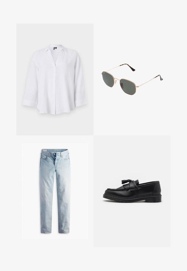 Hvid langærmet skjorte i hør med krave, v-hals og subtile plisseringer. Har en afslappet pasform og manchetter med ombuk.; Lys blå denimjeans med lige pasform, to frontlommer og to baglommer. Inkluderer to-knaps lynlås og subtil syning.; Sort læderloafer med frynseaccent, syede detaljer langs kanten og en tyk gummisål for holdbarhed.; Guldmetallisk brille med mørkegrønne linser, aviator-stil, med slanke arme og skildpadde-mønstrede detaljer på spidserne.