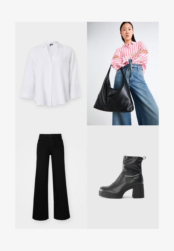 Fehér, hosszú ujjú vászoning nyakkal, V kivágással és finom redőzéssel. Lazán illeszkedik, és a mandzsetták fordított szegéllyel rendelkeznek.; Fekete, bő szárú farmernadrág, amelynek állítható derékrésze van, övhurkokkal és elülső zsebekkel. Simaság jellemzi, klasszikus dizájnnal.; Fekete bokacsizmák sima bőrből, oldalsó cipzárral, vastag, texturált sarkú és lekerekített orrú dizájnnal.; Fekete bőr válltáska, laza formával és varrás részletekkel. A model egy rózsaszín és fehér csíkos inget visel széles szárú kék farmernadrággal.