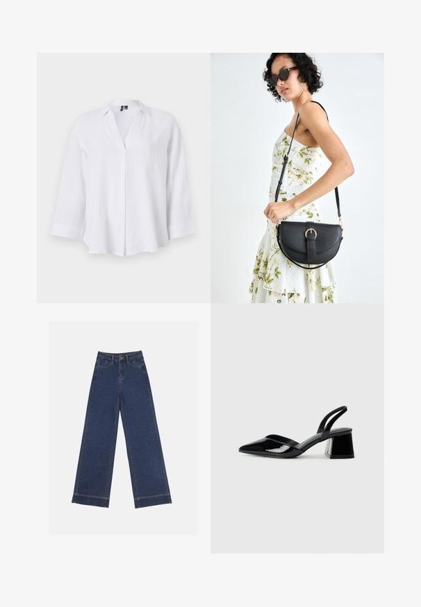 White long-sleeve linen shirt with a collar, v-neckline, and subtle pleating. Features a relaxed fit and cuffs with a turned hem.; Wide-leg jeans in dark blue denim. Features five pockets, belt loops, and a raw hem at the bottom with visible stitching details.; Black patent leather slingback heels with a pointed toe and a geometric block heel. Features a sleek, minimal design and smooth texture.; Black leather handbag with a curved shape, detachable strap, and gold hardware. The bag features a flap with a buckle detail.