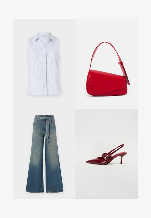 Sleeveless blue and white striped shirt with a collar, button closure, and a straight hem. Made from lightweight fabric.; Wide-leg denim trousers featuring a light to dark blue gradient, high waist, belt loops, and a matching fabric belt. Textured denim finish.; Red patent leather slingback heels with a pointed toe, two buckle straps, and a slim, mid-height stiletto heel. Smooth texture.; Red leather handbag with an angular, geometric design. Features a single adjustable strap and a flap closure with stitched detailing.