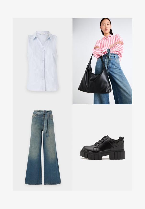 Sleeveless blue and white striped shirt with a collar, button closure, and a straight hem. Made from lightweight fabric.; Wide-leg denim trousers featuring a light to dark blue gradient, high waist, belt loops, and a matching fabric belt. Textured denim finish.; Black leather platform shoes with a chunky block heel, round toe, and traditional lace-up design. Features smooth texture and minimal detailing.; Black leather shoulder bag with a slouchy shape and seam details. Model wears a pink and white striped shirt with wide-leg blue jeans.