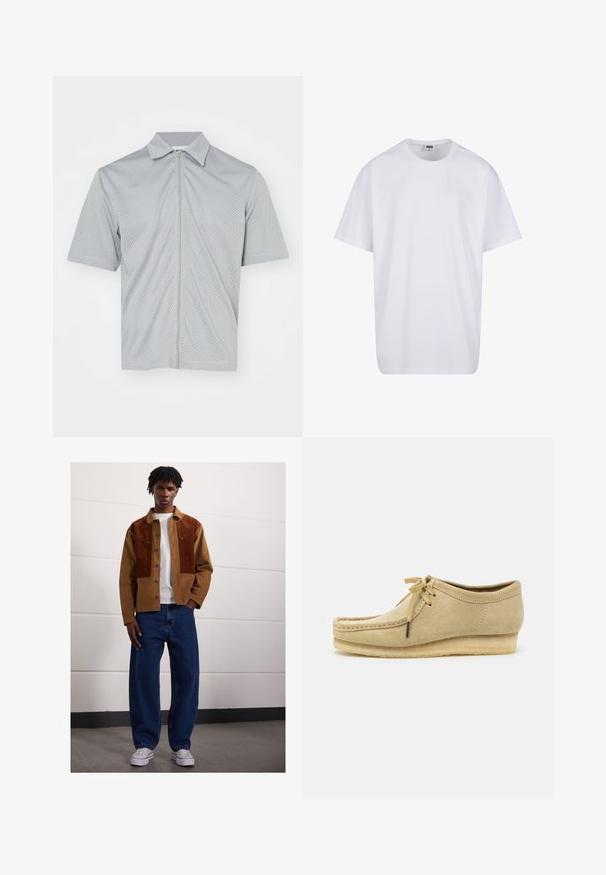 Hellgraue Sportjacke mit kurzen Ärmeln aus atmungsaktivem Mesh-Gewebe, mit einem durchgehenden Reißverschluss und einem spitzen Kragen.; Weiße Baumwoll-T-Shirt mit kurzen Ärmeln, rundem Ausschnitt, lockerer Passform und ohne sichtbare Logos oder Muster. Glatte Textur und minimalistisches Design.; Mann steht drinnen und trägt eine braune Cordjacke mit Rostflecken, ein weißes T-Shirt, lockere blaue Jeans und weiße Sneakers.; Beige Wildlederschuh mit Schnürdesign, gestickten Details und Gummisohle. Die Form ist lässig mit einem leichten Keilabsatz.