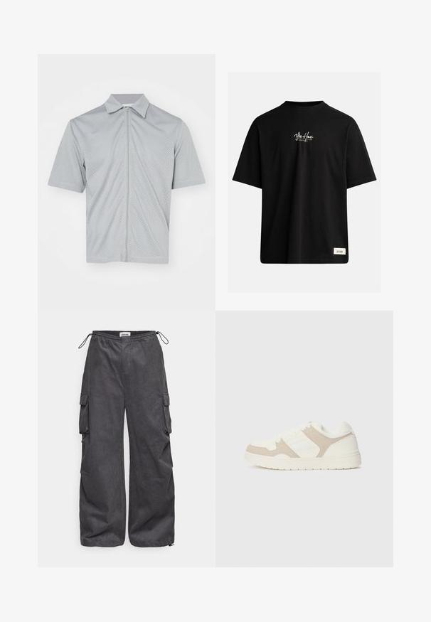 Világosszürke, rövidujjú sportdzseki, lélegző hálós anyagból készült, elöl teljes hosszúságú cipzárral és hegyes gallérral rendelkezik.; Fekete, rövid ujjú póló, amely 100% pamutból készült. A mellkason egy kis fehér logó található, és a jobb alsó részen egy téglalap alakú címke van.; Szürke cargo nadrág, texturált anyagból készült, rugalmas derékrésszel, zsinórral és oldalsó zsebekkel. Laza szabású, széles lábakkal.; Fehér és bézs sportcipő, sima és velúr textúrák kombinációjával, kerek orral, fűzős záródással és lapos gumitalppal.