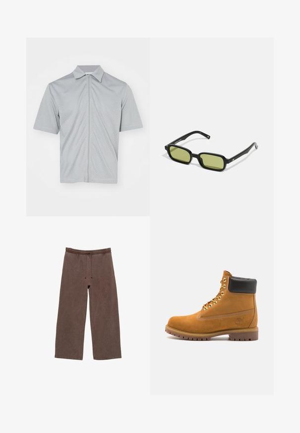 Lys grå kortærmet sportsjakke lavet af åndbart mesh-stof, med en fuld frontlynlås og en spids krave.; Brune bomulds-sweatpants med elastisk talje, justerbar snøre, brede ben og minimal syning detaljer.; Tan nubuck ankelstøvle med sort polstret krave, gyldne metaløjer, hvid syning detaljer og robust gummisål med udtalte slidbaner.; Sorte solbriller med et vinklet design, grønne tonede linser og glatte plastikrammer. Har guld detaljer på stængerne.