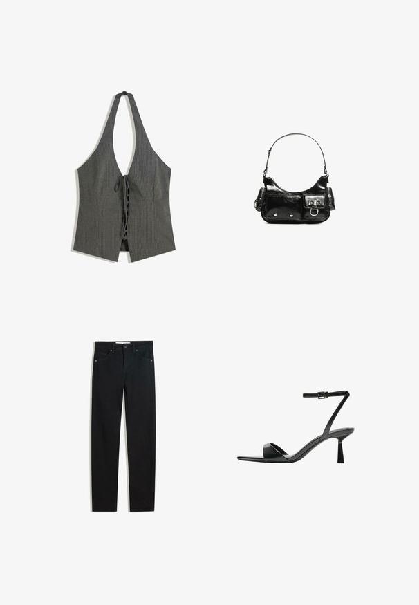 Harmaa raitapaita, jossa on syvään V-malliin leikkautuva kaula-aukko, avoin etuosa ja solmittava vyötärö. Kangas on tiukka ja tekstuuri on näkyvä.; Mustat farkut suoralla lahkeella, viisi taskua, metallinapit kiinnityksessä ja hienovaraisia ompeluyksityiskohtia. Sileä pinta.; Bershka Korolliset sandaalit - black; Mustekko mustasta kiiltonahasta valmistettu käsilaukku, jossa on kaareva muoto, yksi olkahihna, etutaskut ja hopeanväriset yksityiskohdat.
