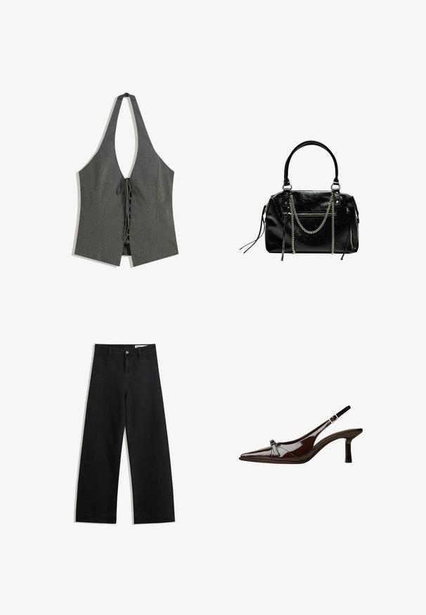 Grijze pinstripe haltertop met een diepe V-hals, open voorkant en striksluiting in de taille. De stof heeft een aansluitende, textuurachtige uitstraling.; Zwarte denim broek met wijde pijpen en een hoge taille, voorzien van voor- en achterzakken, gestikte naden en een knoopsluiting. Gladde textuur.; Bruine gepatineerde leren slingback schoen met een spitse neus, lage hak en een decoratieve strikaccent aan de voorkant. Glad, glanzend oppervlak.; Bershka WITH CHAIN - Handtas - black