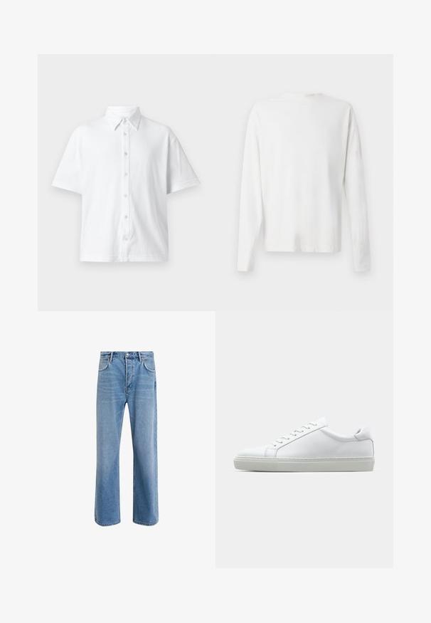 Camicia bianca a maniche corte con colletto classico, realizzata in tessuto testurizzato e caratterizzata da un motivo a righe. Sei bottoni lungo la parte anteriore.; Camicia bianca in cotone a maniche lunghe con scollatura rotonda, spacchi laterali in fondo e una texture liscia, mostrata da dietro.; Jeans in denim blu chiaro con design a gamba dritta, cinque tasche, chiusura con bottone, leggero sbiadimento e dettagli di cucitura a contrasto.; Sneaker bianco con tomaia in pelle liscia e profilo basso. Presenta una punta arrotondata, sei occhielli e una suola in gomma testurizzata.