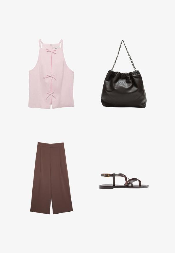 Svetloružový top bez rukávov s rovný strihom, s prednými rozparkami zabezpečenými mašličkami a zipsom na zadnej strane. Hladká textúra tkaniny.; Hnedé nohavice so širokými nohavicami a hladkou textúrou, s vysokým pásom a prednými skladmi. Tkanina je ľahká a voľne sa pohybuje.; Hnedé kožené sandály s krížovými popruhmi, uzatváraním na pracku okolo členku a plochou podrážkou s minimálnymi ševmi.; Hnedá kožená taška so zberaným vrchom a reťazovým popruhom. Hladký povrch s lesklým finišom a jemným švom po stranách.