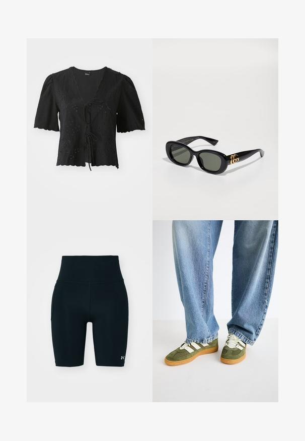 Melnas īsām piedurknēm blūze, izgatavota no viegla auduma, ar ziedu izšuvumiem, V veida kakla izgriezumu un saites aizdari priekšā. Rīsu apakšmala.; Melnas sporta bikses, kas izgatavotas no elastīga auduma, ar augstu jostu un sānu kabatu. Gluda tekstūra ar plakaniem šuvēm un logotipa akcentu.; Zaļie sporta apavi ar baltām svītrām un teksturētu audumu, saskaņoti ar gaismas zila krāsas pārāk lielām džinsa biksēm ar taisnu kāju griezumu.; Melnas plastmasas saulesbrilles ar zaļiem stikliem, ar ovālu formu un zelta logotipa detaļu uz šarnīriem. Gluda tekstūra un spīdīga apdare.; Melnas ādas soma ar saspiestu augšpusi, auklu aizdari, divām rokturiem un garām plecu siksnām. Gluda tekstūra un minimālisma dizains.