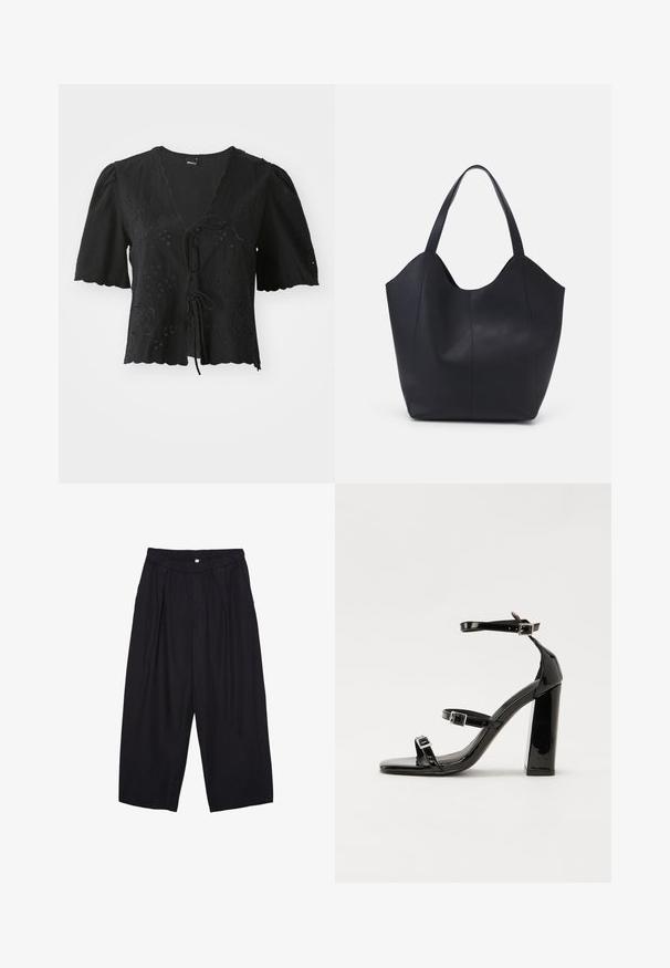 Černá blůza s krátkým rukávem vyrobená z lehkého materiálu, zdobená květinovou výšivkou, s výstřihem do V a zavazováním na přední části. Zubatý lem.; Černé polyesterové culotte kalhoty s elastickým pasem, dvěma předními sklady a volným siluetou. Žádné viditelné vzory ani kovové detaily.; Černé lakované sandály na podpatku se čtveratou špičkou, lýtkovými pásky a stříbrnými přezkami. Disponují masivním blokovým podpatkem pro stabilitu.; Černá taška přes rameno vyrobená z hladké kůže, s zakřiveným, otevřeným vrchem a dvěma ramenními popruhy, s minimalistickým designem.
