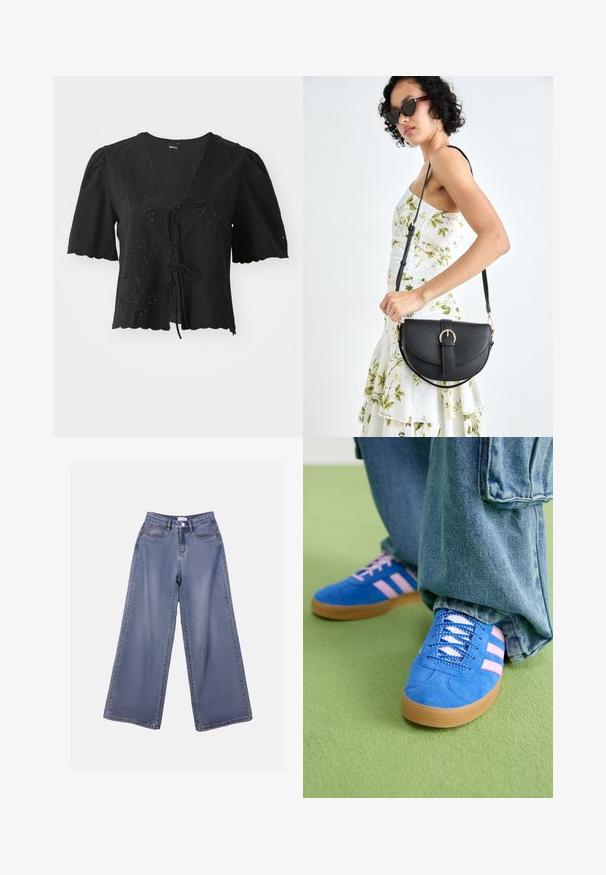 Juoda trumpa rankovėmis bluzonė, pagaminta iš lengvos medžiagos, su gėlių siuvinėjimu, V formos iškirpte ir užsirišimu priekyje. Banguota apačia.; Plati kojinės džinsai šviesiai mėlynu wash'u, turintys aukštą liemenį, priekiniais kišenėmis ir mygtukų užsegimu su diržo kilpomis.; Mėlyni zomšiniai bateliai su rožinėmis juostelėmis ir baltais raišteliais, turintys guminį padą, derinami su laisvais džinsiniais kelnais ant žalios paviršiaus.; Juodas odinis krepšys su išlenkta forma, nuimamu dirželiu ir auksiniais detalėmis. Krepšys turi kilpą su sagtimi.