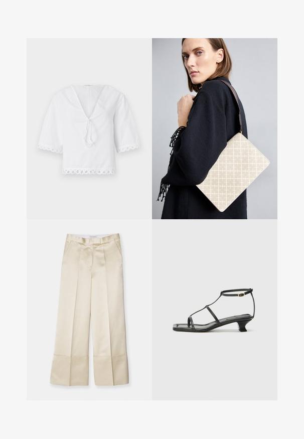 Witte katoenen blouse met een v-hals, strikdetails aan de voorkant en geschulpte kanten rand op de mouwen en zoom. Korte pofmouwen.; Beige wijde broek in gladde stof met een hoge tailleband, geplooide voorkant en omgevouwen zoom, met zijzakken en een nette afwerking.; Zwarte leren sandaal met een vierkante neus, dunne banden, een verstelbare enkelriem en een lage hak. Heeft een kleine gouden accent op de band.; Beige schoudertas met patroon en een gestructureerde vorm, voorzien van een bruine, gemeleerde schouderriem. Draagt door een model tegen een grijze achtergrond.