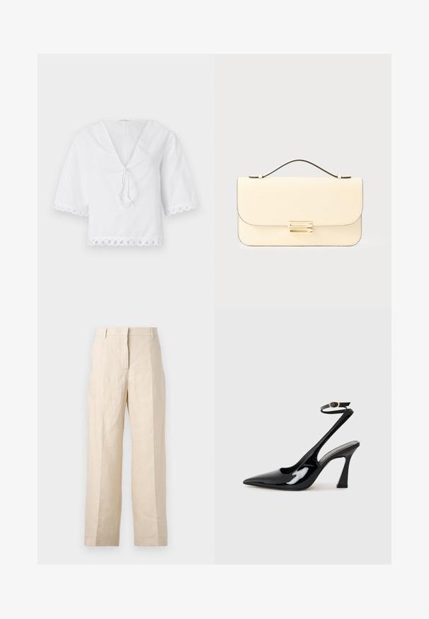 Bílá bavlněná blůza s výstřihem ve tvaru V, zavazováním v přední části a vlnitým krajkovým lemem na rukávech a dolním okraji. Krátké nabírané rukávy.; Bežové lněné kalhoty s volným střihem, sklady na přední straně a rovnými nohavicemi. Mají pas s poutky na opasek a žádné viditelné kapsy.; Černé lakované kožené lodičky na pásku s špičatou špičkou, nastavitelným páskem kolem kotníku a mírným blokovým podpatkem. Hladký povrch s lesklým finišem.; Krémová kožená kabelka s horní rukojetí a zlatým obdélníkovým klipem na jednoduchém světlém pozadí.