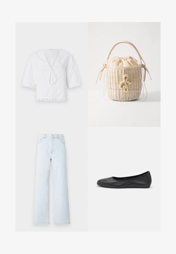 Bílá bavlněná blůza s výstřihem ve tvaru V, zavazováním v přední části a vlnitým krajkovým lemem na rukávech a dolním okraji. Krátké nabírané rukávy.; Světlé modré denimové široké kalhoty s vysokým pasem, pětiokrovým designem a zlatými švy. Hladký povrch a rovný střih.; Černé kožené baletní byty s kulatou špičkou, hladkou texturou, minimálními švy a flexibilním designem podrážky.; RUSLAN BAGINSKIY THE IZA BASKET BAG - Kabelka - beige