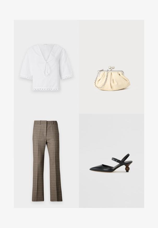 Biała bawełniana bluzka z dekoltem w serek, detalem w postaci kokardki z przodu oraz falbankową koronką przy rękawach i u dołu. Krótkie bufiaste rękawy.; Brązowe spodnie w kratę o prostym kroju nogawki, z teksturowanej tkaniny i subtelnymi kolorami beżu oraz ciemniejszego brązu w całym wzorze.; Czarne skórzane buty typu slingback z wąskim noskiem, zakrzywioną sylwetką i okrągłym, drewnopodobnym obcasem. Posiadają wąski pasek wokół kostki.; Złożona beżowa skórzana kopertówka z srebrną metalową ramą, z dwoma okrągłymi dekoracyjnymi zapięciami i srebrnym łańcuszkiem.