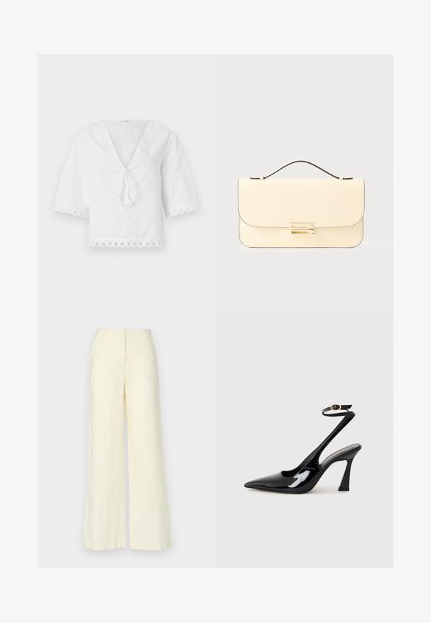 Blusa de algodón blanca con escote en V, detalle de lazo en el frente y borde de encaje con forma de concha en las mangas y el dobladillo. Mangas cortas abullonadas.; Faithfull the brand LULEA PANT - Pantalones - white; Tacan de charol negro con tacón alto de slingback, con punta afilada, correa ajustable en el tobillo y un tacón bloque moderado. Textura suave con acabado brillante.; Bolso de cuero color crema con asa superior y cierre rectangular en tono dorado sobre un fondo claro y liso.