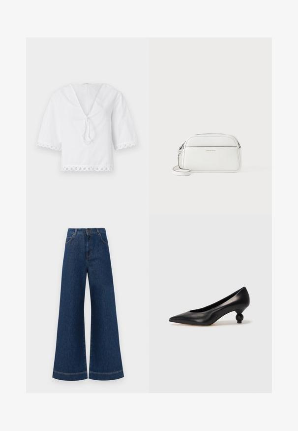 Witte katoenen blouse met een v-hals, strikdetails aan de voorkant en geschulpte kanten rand op de mouwen en zoom. Korte pofmouwen.; Brede blauwe denimjeans met een hoge taille, voorzien van een knoopsluiting, riemlussen en subtiele stikdetails langs de zakken en zoom.; Zwarte leren hoge hak schoen met een spitse neus en een ronde, bolle hak. Gladde textuur met een elegant, minimalistisch ontwerp.; Witte leren schoudertas, rechthoekige vorm, gladde textuur, ritssluiting, verstelbare band, minimalistisch ontwerp met reliëflogo.