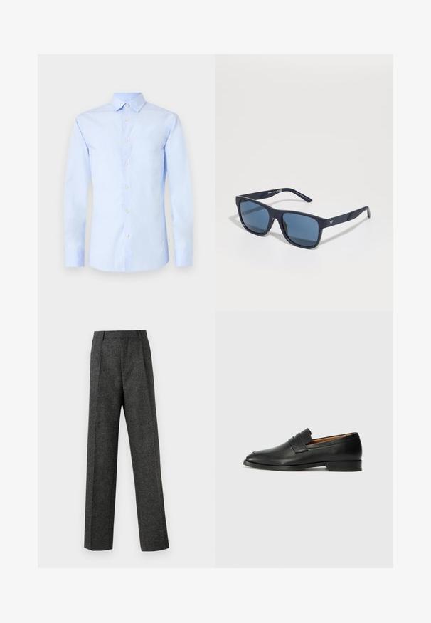 Világoskék, hosszú ujjú ing, hegyes gallérral, elöl gombos záródással és mandzsettás ujjakra. Sima pamut anyag, amely enyhe fényességgel rendelkezik.; Szürke, texturált anyagból készült, szabott nadrág, két elülső pliszével és egyenes lábbal. Nincsenek látható zsebek vagy díszítések.; Fekete bőr mokaszin, kerek orral, diszkrét varrásokkal és alacsony sarokkal, sima felülettel és minimalista dizájnnal.; Kék téglalap alakú napszemüveg sötét lencsékkel, matt sötétkék kerettel, logóval a szárán, egyenes karokkal és sima, egységes textúrával.