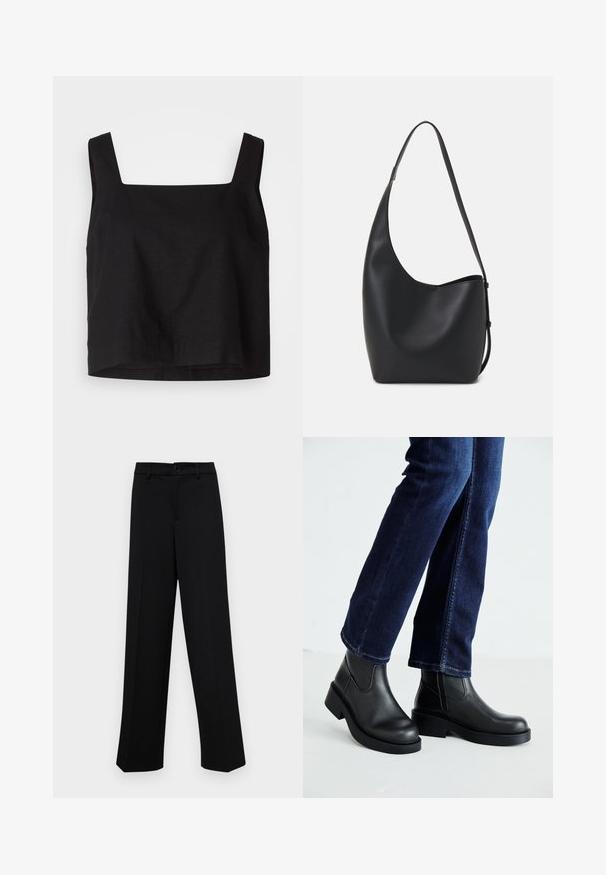 Top corto negro con escote cuadrado, hecho de tela de lino. Cuenta con tirantes anchos y un corte ligeramente relajado con dobladillo recto.; Pantalones de pierna ancha negros, hechos de un tejido suave, con una cintura clásica que incluye un cierre de botón y pliegues frontales.; Botas de tobillo de cuero negro con suela gruesa y paneles elásticos laterales, combinadas con jeans azul oscuro. El suelo es de color claro.; Bolso tipo hobo de cuero negro con una textura suave, forma curvada y una sola correa ajustable; presenta una amplia apertura en la parte superior.