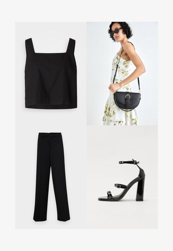Čierny skrátený top so štvorcovým výstrihom, vyrobený z ľanovej tkaniny. Má široké ramienka a mierne voľný strih so rovnou spodnou časťou.; Čierne široké nohavice vyrobené z hladkej látky, s klasickým pásom a zapínaním na gombík, a prednými skladmi.; Čierne lakované sandále na podpätku so štvorcovou špičkou, navlečenými remienkami okolo členku a striebornými prackami. Disponujú masívnym blokovým podpätkom pre stabilitu.; Čierna kožená kabelka s zaobleným tvarom, odnímateľným popruhom a zlatými doplnkami. Kabelka má klopu s detailom s prackou.