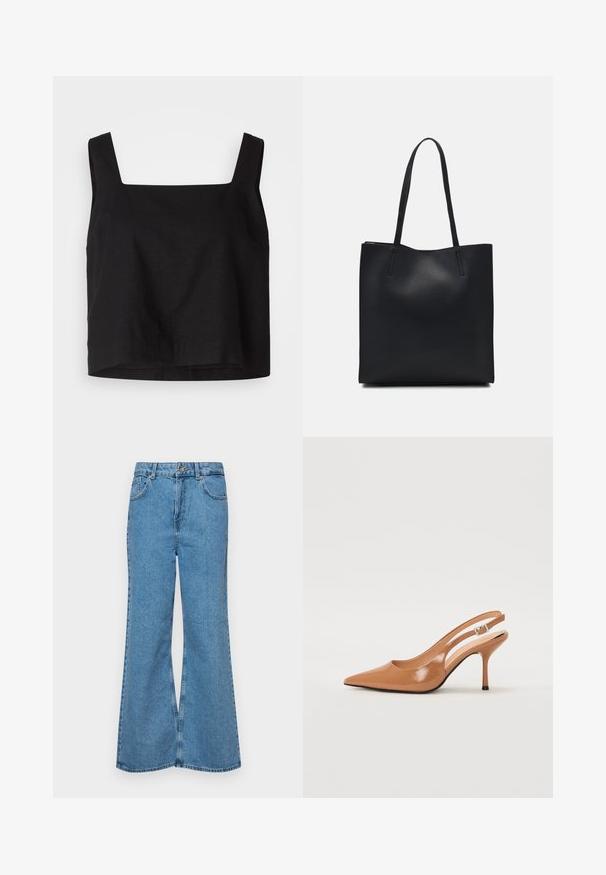 Czarny krótki top z kwadratowym dekoltem, wykonany z lnu. Posiada szerokie ramiączka i lekko luźny krój z prostym wykończeniem.; Jasnoniebieskie dzwony z denimu, z wysokim stanem, pięcioma kieszeniami i zapięciem na jeden guzik. Miękka tekstura z wyblakłym wykończeniem.; Sandały na obcasie z kwadratowym noskiem, wykonane z gładkiego, błyszczącego materiału w kolorze brązowym. Charakteryzują się zaokrąglonym wycięciem i smukłym obcasem typu stiletto. Detal w postaci srebrnej klamry.; Czarna skórzana torba tote o gładkiej fakturze, prostokątnym kształcie i dwóch długich uchwytach. Brak widocznych elementów metalowych i ozdób.