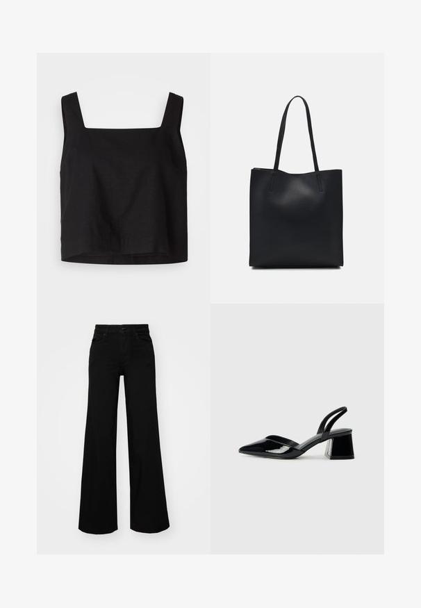 Schwarzes Cropped-Top mit quadratischem Ausschnitt, aus Leinenstoff. Hat breite Träger und eine leicht lockere Passform mit geradem Saum.; Schwarze weit geschnittene Hose aus Denim, mit einem strukturierten Bund, Gürtelschlaufen und Fronttaschen. Glatte Textur mit klassischem Design.; Schwarze Lackleder-Slingback-High Heels mit spitzem Schuh und einem geometrischen Blockabsatz. Verfügt über ein schlankes, minimalistisches Design und eine glatte Textur.; Schwarze Laptoptasche aus Leder mit glatter Textur, rechteckiger Form und zwei langen Griffen. Keine sichtbaren Beschläge oder Verzierungen.