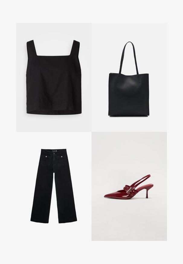 Top corto nero con scollatura quadrata, realizzato in tessuto di lino. Presenta spalline larghe e una vestibilità leggermente rilassata con orlo dritto.; Jeans neri a gamba larga con vita alta, dotati di due tasche frontali e dettagli in metallo sui bottoni. Il tessuto ha una texture liscia.; Décolleté slingback in vernice rossa con punta affusolata, due cinturini con fibbia e un sottile tacco a stiletto di media altezza. Texture liscia.; Borsa tote in pelle nera con texture liscia, forma rettangolare e due manici lunghi. Nessun hardware o decorazione visibile.