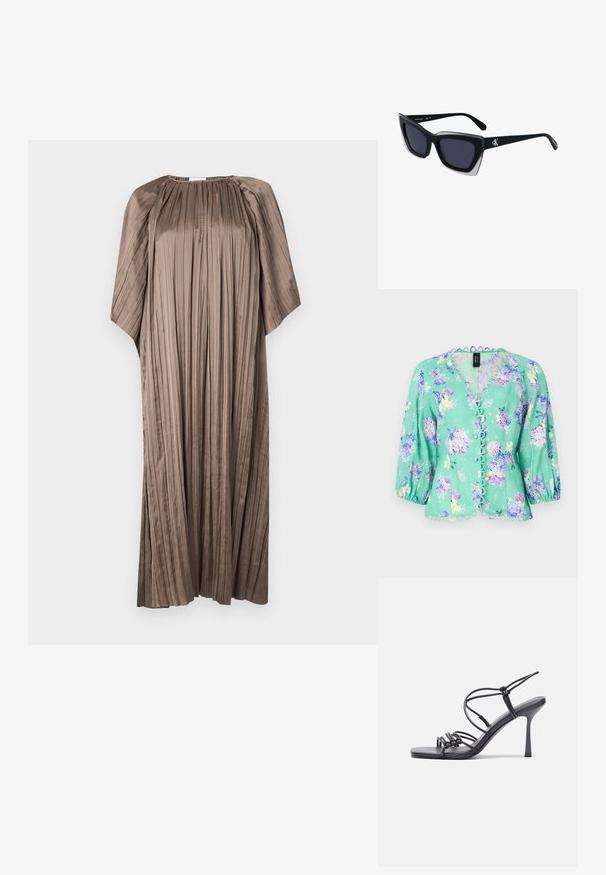 Marc Cain Palaidinė - light green; Ruda plisuota suknelė, pagaminta iš lygios medžiagos, su apvaliu kaklu ir laisvomis rankovėmis, su vertikalių raukšlių detalėmis visoje suknelėje.; Juodos aukštakulnės sandalai pasižymi plonyčiais dirželiais su mazgo dizainu, lygiu kvadratiniu pirštu ir elegantišku stiletto kulnu.; Juodos didelės saulės akinių su geometrine forma, turinčiais tamsius objektyvus ir kontrastingą pilką detalę ant rėmelio. Logotipas ant šalon.; Sidabrinės auskarai žiedai su lygiu, blizgiu paviršiumi. Suapvalinta forma, lengvas dizainas, su uždarymu ant smeigtuko.