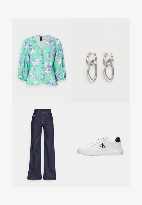 Marc Cain Camicetta - light green; Jeans a gamba larga di denim blu scuro con vita alta, caratterizzati da cuciture arancioni, design a cinque tasche e chiusura con bottone.; Sneaker bassa bianca con tassello nero sul tallone, suola a piattaforma, lacci e logo "CK" di Calvin Klein sul lato.; Calvin Klein STATEMENT LINKS - Orecchini - silver-coloured