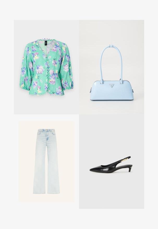 Marc Cain Bluse - light green; Helle blaue weite Jeans mit hoher Taille, aus Denim gefertigt; zeichnet sich durch dezentes Fading und einen sauberen Saum aus. Keine sichtbaren Metallakzente.; Schwarze Leder-Slingback-Pumps mit spitzem Schuhblatt, ausgestattet mit einem schlanken Absatz und einem goldfarbigen Akzent am verstellbaren Riemen. Glatte Textur.; Helle blaue Handtasche mit strukturierter Form, glattem Leder, zwei Griffen und einem dreieckigen Markenlogo auf der Vorderseite. Mit Reißverschluss.