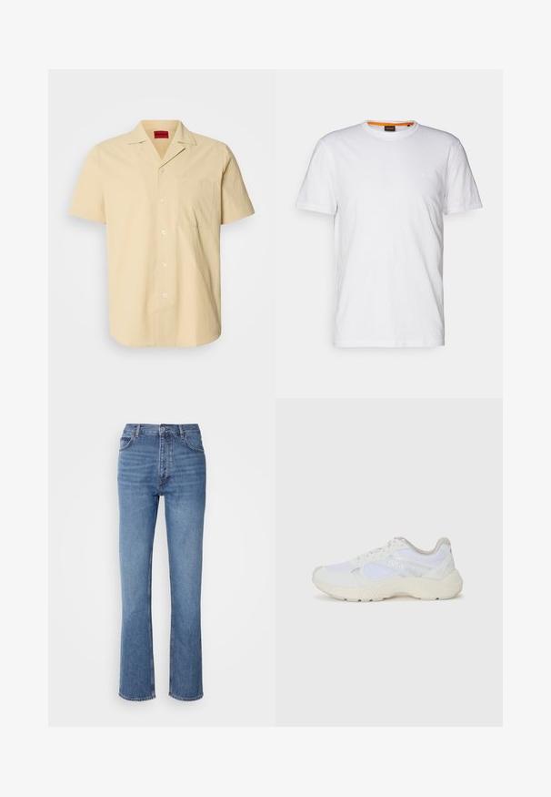 Lyhythihainen, vaaleankeltainen paita, joka on valmistettu strukturoidusta kankaasta. Siinä on pistekaulus ja rintatasku, joissa on valkoiset napit.; Valkoinen puuvillateepaita, jossa on pyöreä kaula-aukko, lyhyet hihat ja hillitty kohopainettu logo rinnassa. Sisämerkissä on oranssi yksityiskohta.; Siniset farkut korkealla vyötäröllä, suoralla lahkeella ja hienovaraisella kulutuksella. Ominaisuuksiin kuuluu klassinen viiden taskun tyyli ja vetoketjukiinnitys.; Valkoiset urheilukengät, jotka on valmistettu verkkokankaasta ja mokasta, sisältävät tekstuurillisen välipohjan, teksturoituja yksityiskohtia ja "HUGO"-logon sivussa.