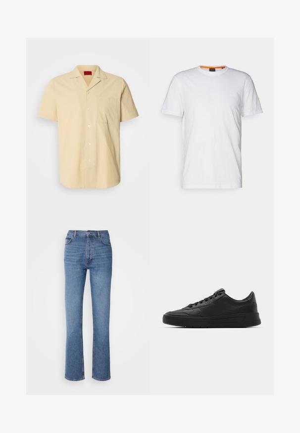 Krátke rukávy, svetložltá košeľa vyrobená z textúrovanej tkaniny. Má bodový golier a náprsné vrecko, s bielymi gombíkmi.; Biely bavlnený tričko s okrúhlym výstrihom, krátkymi rukávmi a jemne embosovaným logom na hrudi. Vnútorná etiketa má oranžový akcent.; Modré denimové džínsy s vysokým pásom, rovnými nohavicami a jemným vyblednutím. Majú klasický strih s piatimi vreckami a zapínanie na zips.; Čierne tenisky s hladkým koženým zvrškom, okrúlym špičkou, plochými šnúrkami, polstrovaným golierom a minimalistickým dizajnom. Gumená podrážka s jemným vzorom behúňa.