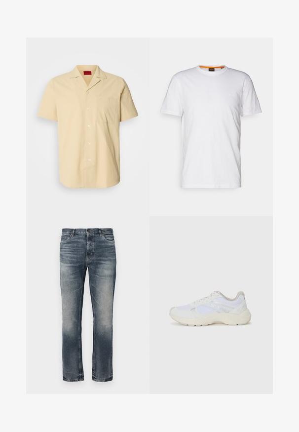 Koszula z krótkim rękawem, jasnopomarańczowa, wykonana z teksturowanej tkaniny. Posiada kołnierz typu point oraz kieszeń na piersi, z białymi guzikami.; Biała bawełniana koszulka z okrągłym dekoltem, krótkimi rękawami oraz subtelnie wytłoczonym logo na klatce piersiowej. Wewnętrzna metka ma pomarańczowy akcent.; Niebieskie dżinsy z prostą nogawką. Jasno wyblakłe miejsca, klasyczny pięciokieszeniowy krój oraz pojedynczy metalowy guzik z przodu w pasie.; Białe sportowe buty wykonane z siateczki i zamszu, z teksturowaną podeszwą środkową, teksturowanymi akcentami i logo "HUGO" z boku.