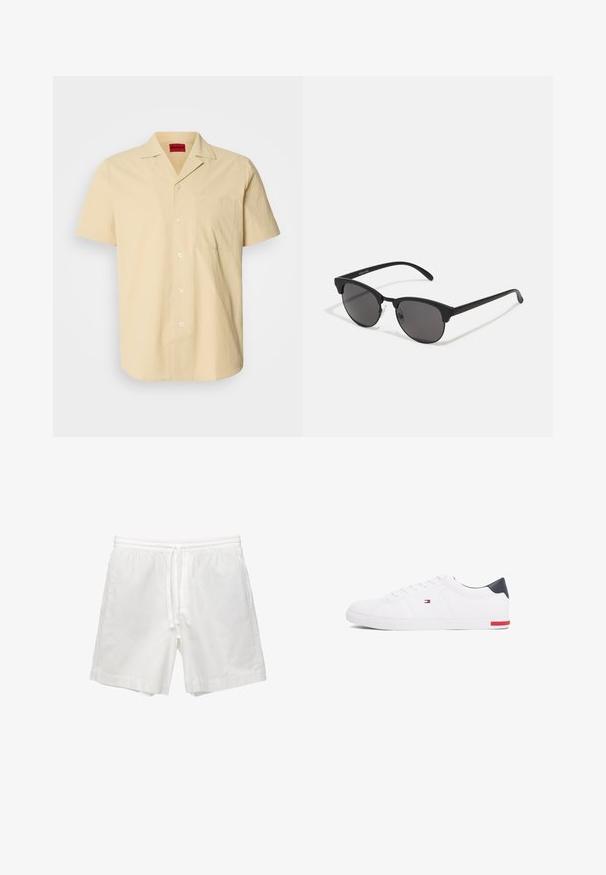 Kurzärmliges, hellgelbes Hemd aus strukturiertem Stoff. Mit einem Kentkragen und einer Brusttasche ausgestattet, sowie weißen Knöpfen.; Weiße Baumwollshorts mit elastischem Bund und Kordelzug, Seitentaschen und geradem Schnitt mit sauberen Säumen.; Weißes Low-Top-Sneaker aus glattem Leder. Mit einem marineblauen Fersenstück und einem roten Akzent an der Sohle. Sechs Ösen für die Schnürsenkel.; Schwarze Sonnenbrille mit runden Gläsern, matter Oberfläche und markanter Cat-Eye-Form. Schlanke Bügel mit dezenter Markenkennzeichnung am linken Schläfenstück.