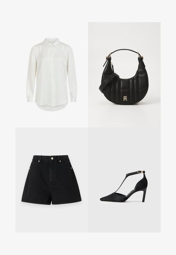 White long-sleeved shirt with a classic collar, featuring a smooth texture and buttoned closure. Rounded hem and slightly puffed sleeves.; Black denim shorts with a high waist, five pockets, silver hardware, and a standard fit, featuring a smooth texture and clean finishing.; Black high-heeled pump featuring a pointed toe, thin ankle strap with gold hardware, and a soft textured finish.; Black leather handbag with a curved shape, quilted texture, and gold hardware. Features a detachable shoulder strap and logo detail.