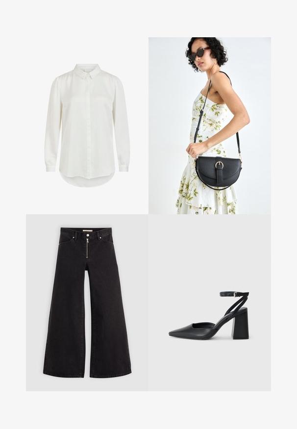 Bílá košile s dlouhým rukávem a klasickým límečkem, s hladkým povrchem a knoflíkovým zapínáním. Zaoblený lem a lehce nabírané rukávy.; Džíny s širokými nohavicemi v černém denimovém provedení se zipem vpředu, pěti kapsami a jemnými švy. Hladká textura a ležérní styl.; Černé kožené lodičky se špičatou špičkou, kotníkovým páskem a silným podpatkem. Hladká textura, elegantní design a minimalistická estetika.; Černá kožená kabelka s křivkovým tvarem, odnímatelným popruhem a zlatými detaily. Kabelka má klopu s přezkou.